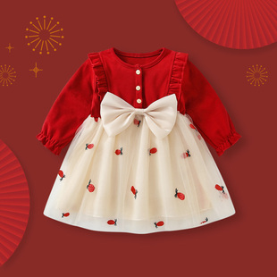 女宝宝周岁礼服秋装女童红色连衣裙婴儿满月百天抓周宴裙子公主裙