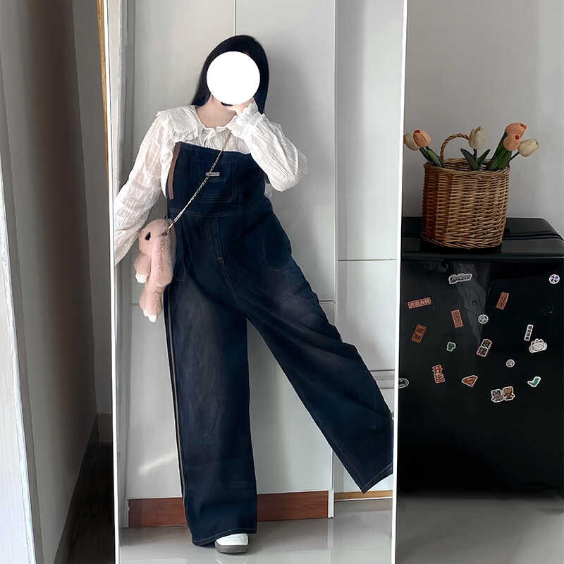 300斤胖mm大码女装工装背带牛仔裤女梨型身材宽松阔腿百搭连体裤
