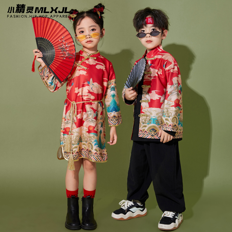 儿童演出服唐装男童中国风啦啦队表演服国潮女童汉服旗袍T台走秀