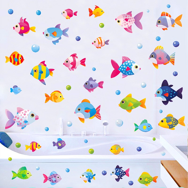 防水浴室墙贴卡通简约儿童房卧室卫生间蓝色海洋小鱼泡泡贴纸