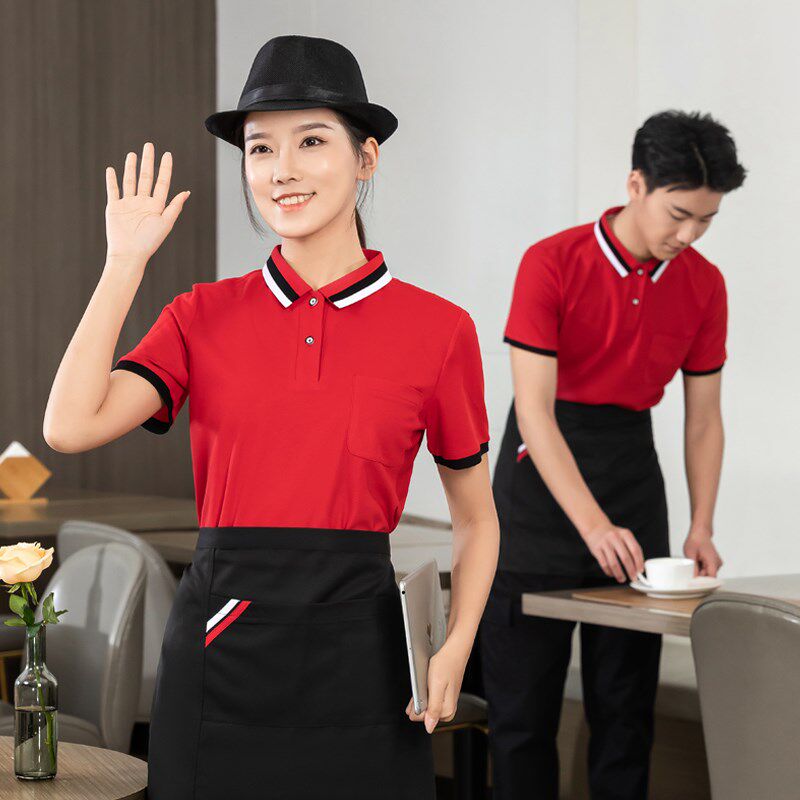 饭店餐饮服务员工作服翻领长袖t恤男女烧烤火锅奶茶春秋卫衣定制