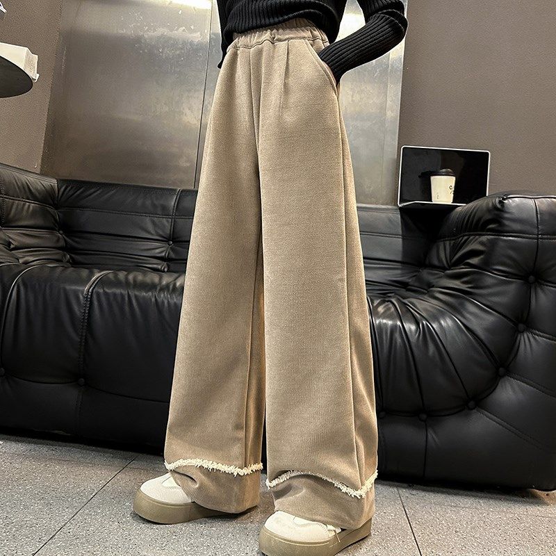 女童加绒裤子秋冬2024新款冬装大童冬季加厚欧棉绒阔腿裤儿童长裤