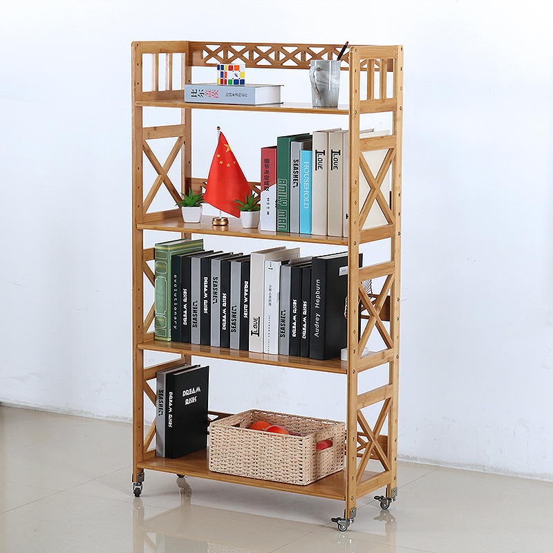 楠竹书架落地简易儿童客厅储物置物架卧室收纳小型可移动带轮书柜
