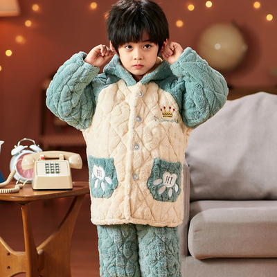 冬季儿童睡衣男童女童珊瑚绒冬天加绒加厚款男孩法兰绒套装可外穿