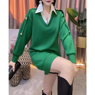 新款大码假两件A字连衣裙女秋冬气质收腰拼接衬衫领显瘦卫衣裙潮