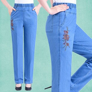 牛仔裤女长裤夏季薄款松紧腰高腰大码弹力棉布中老年妈妈直筒裤子