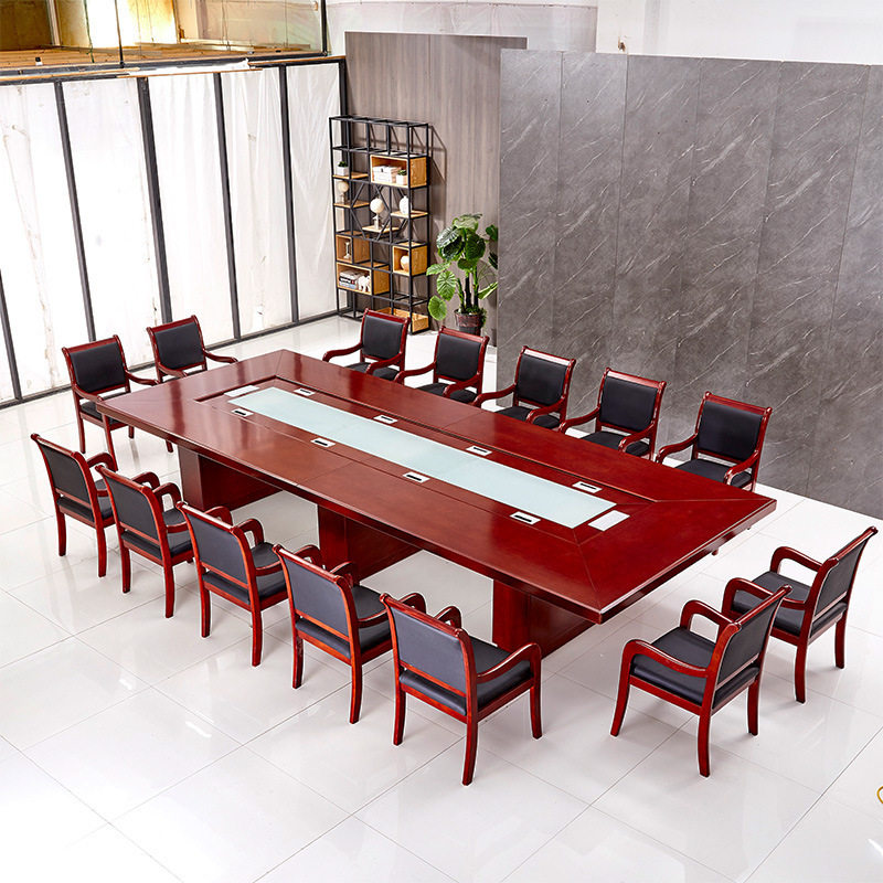 现代简约大型长方形会议桌贴实木皮油漆多人办公开会长条桌椅组合
