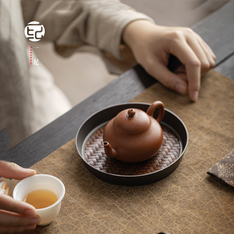 xyt中式纯手工竹编锡合金壶承干泡茶台小托盘储水茶盘养壶垫茶具