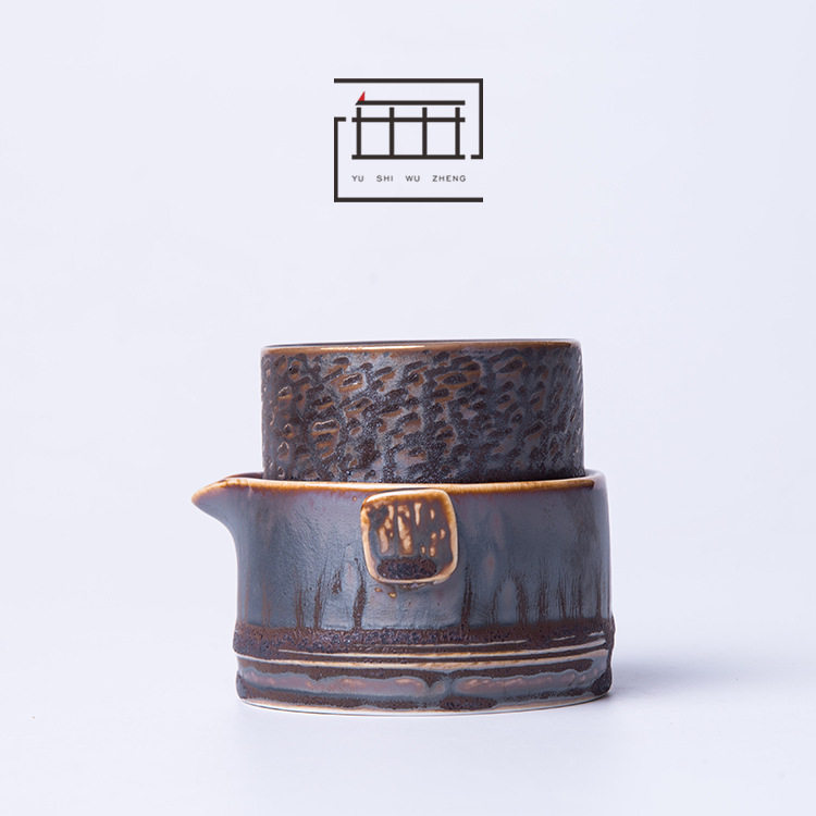 陶瓷快客杯一壶一杯 窑变铁釉 旅行茶具便携创意易泡壶批发刻制