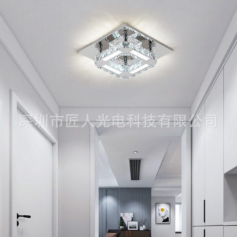 LED方形不锈钢水晶吸顶灯简约现代入户走廊玄关灯进门天花灯具