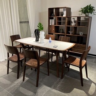 新中式北美黑胡桃木岩板餐桌宋式美学意式轻奢别墅1桌6椅实木家具