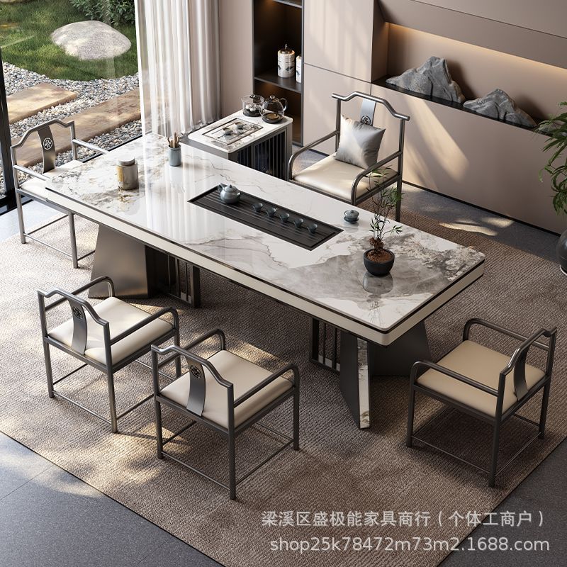 T奢石岩板茶台桌现代茶桌椅组合简约轻奢高级感办公室大板桌泡茶