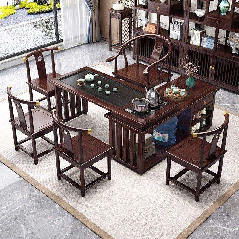 实木茶桌旋转式茶台阳台小户型移动1米1.2米桌椅组合橡胶木带烧水