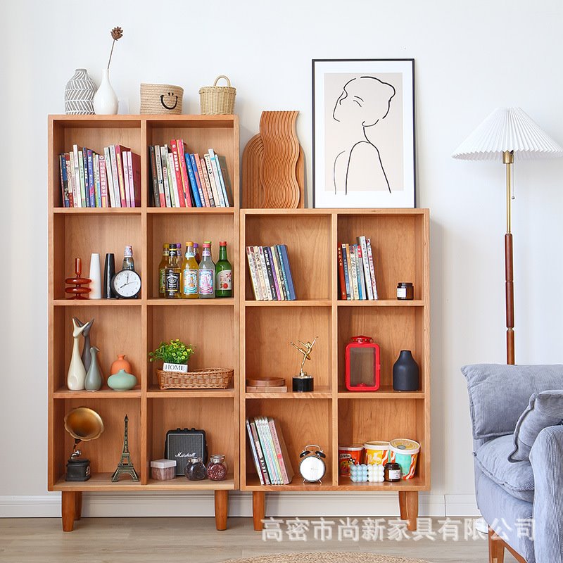 日式实木书架简约展示多格置物架北欧白橡木书柜落地樱桃木收纳柜