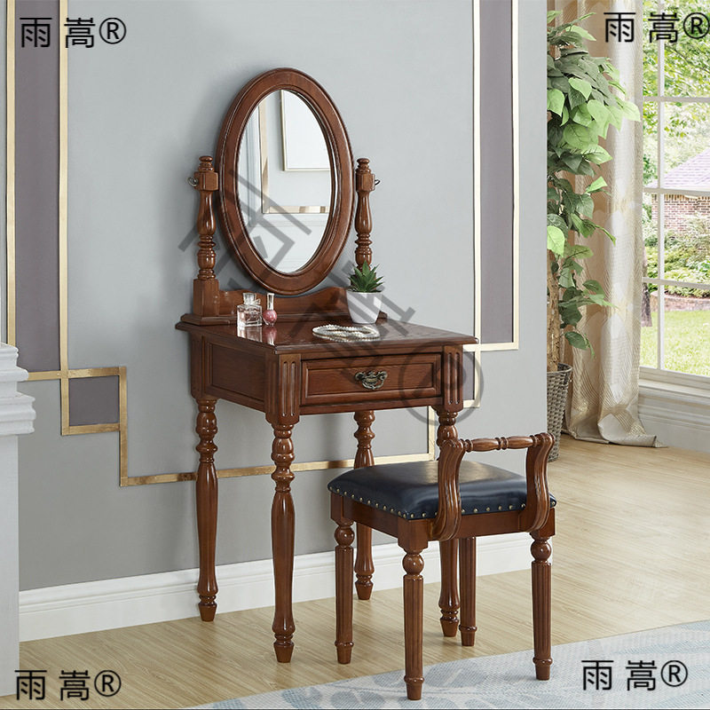 美式乡村实木梳妆台 简约卧室小户型欧式复古深色迷你小化妆桌