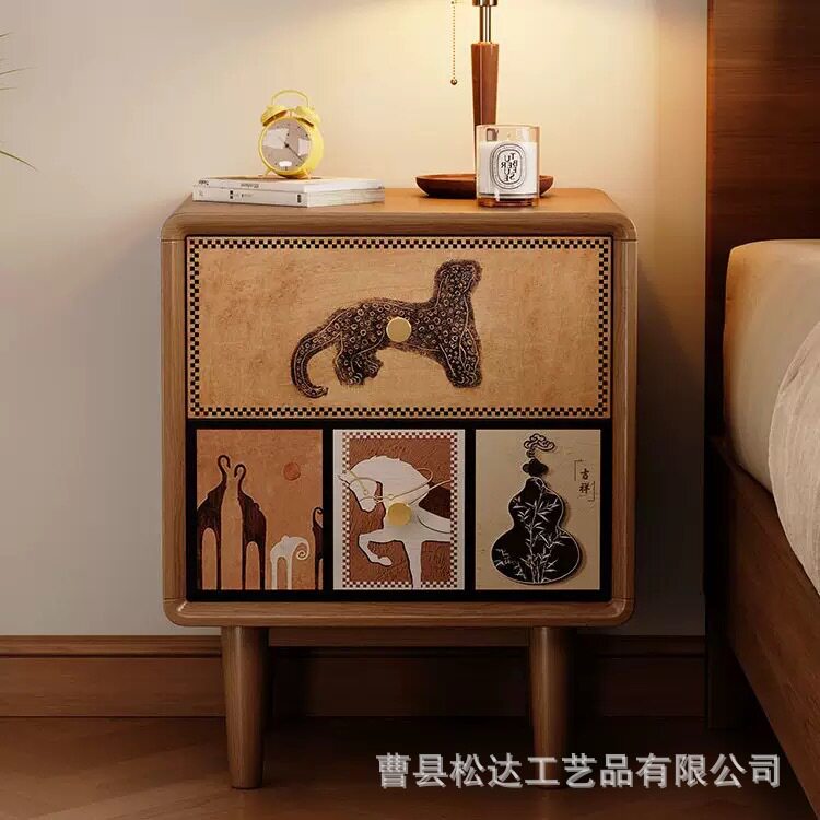 中古风实木双层床头收纳柜