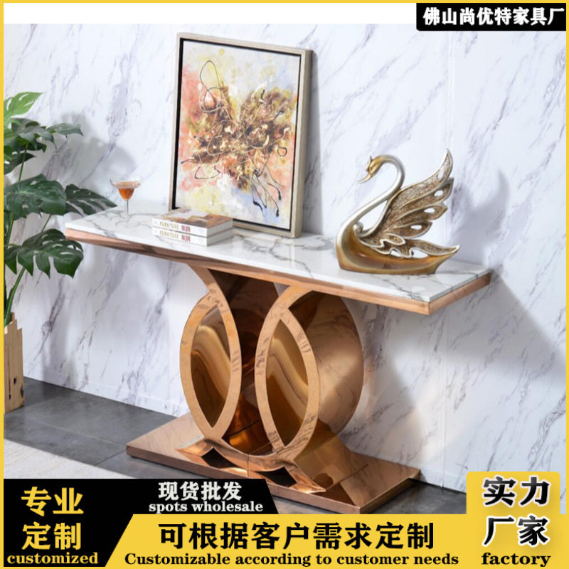 大理石玄关桌子靠墙条案金属控制台简约入户不锈钢玄关台轻奢风图片