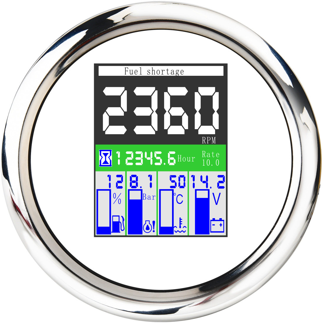 车船85mm五合一多功能表 转速计时油位电压油压水温 带报警12V24V