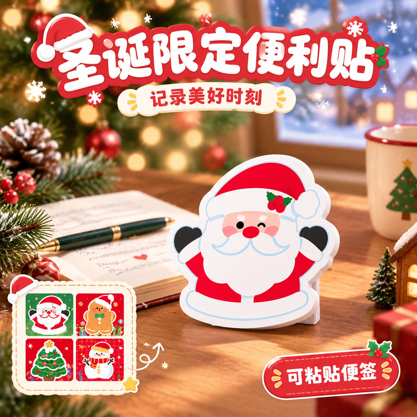 圣诞便利贴有粘性可爱卡通圣诞树雪人圣诞老人便签贴纸学生奖励全班实用小礼品创意文具奖品儿童圣诞节小礼物
