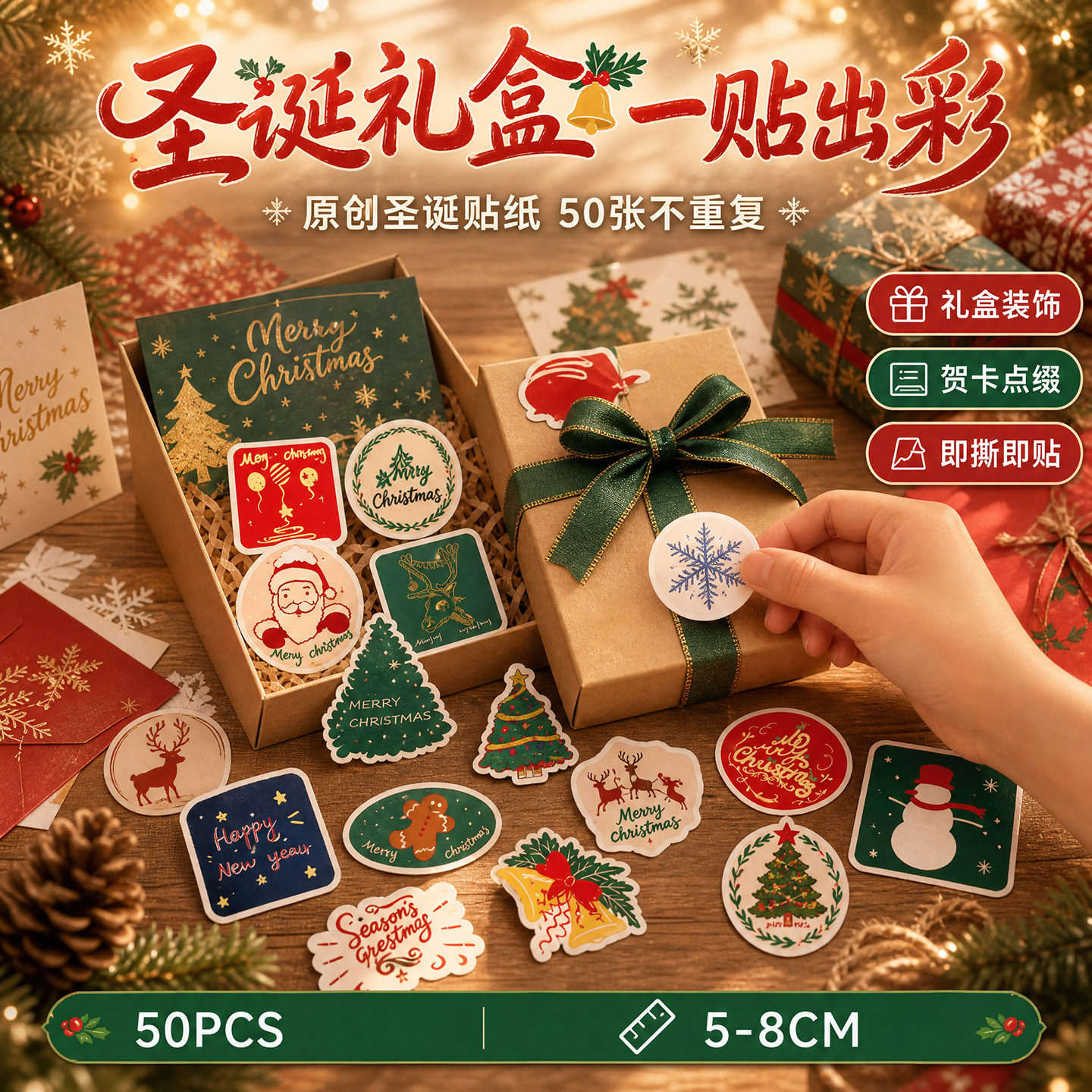 圣诞节贴纸50张原创ins风高颜值卡通可爱圣诞节贴纸diy咕卡手账素材礼物雪梨纸包装饰封口贴画节日小礼品贴纸