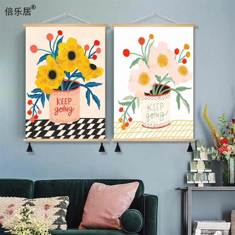 北欧花瓶花卉客厅装饰画卧室房间挂画布艺免打孔卷轴壁画遮挡墙画图片