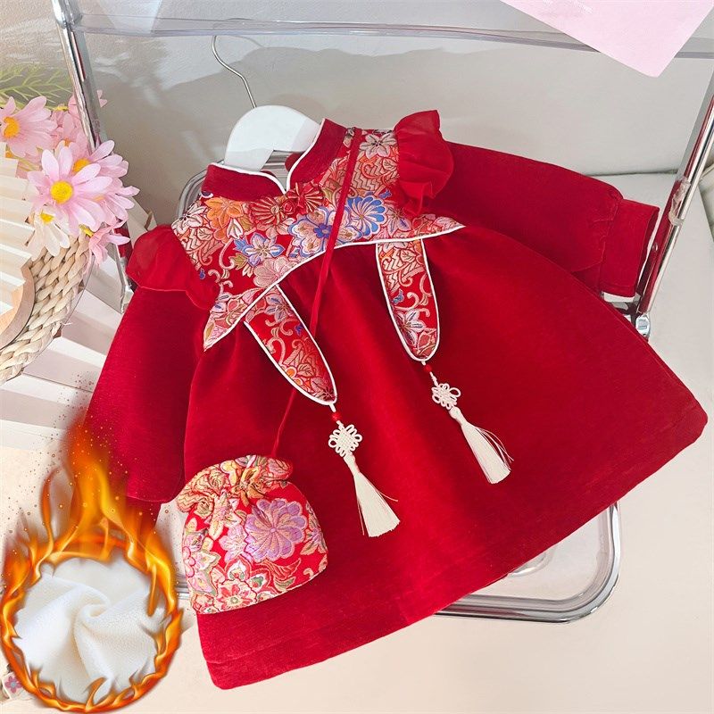 汉服女童连衣裙冬装婴儿宝宝一周岁礼服红色抓周宴儿童公主裙冬季