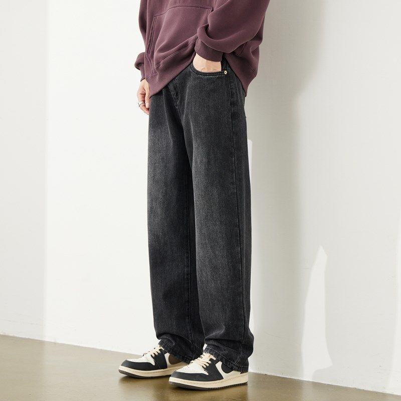 雅仓黑色牛仔裤男宽松直筒秋冬款加绒加厚阔腿男士百搭休闲长裤子