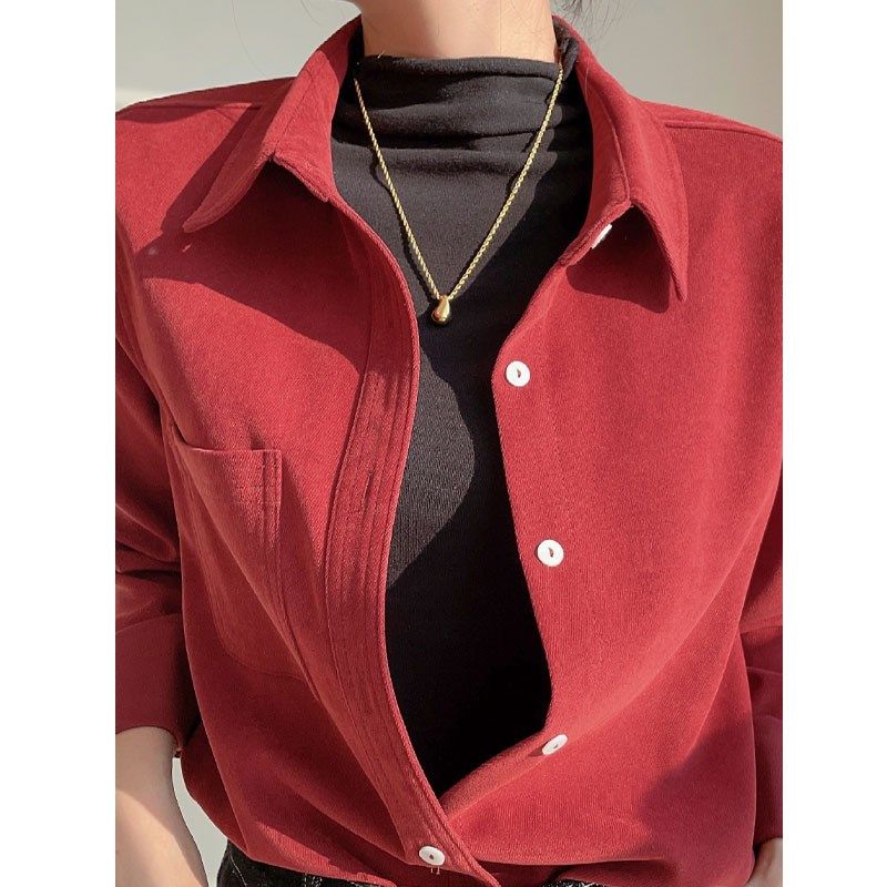 红色磨毛灯芯绒衬衫女秋冬2024新款复古港风长袖衬衣内搭叠穿上衣,女装/女士精品,衬衫,淘宝优惠券,粉丝福利购,淘宝优惠卷