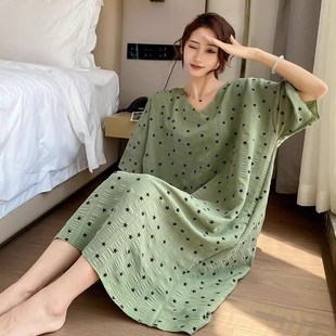 胖mm睡裙夏季女款大码纯棉短袖中长款泡泡棉睡衣宽松家居裙200斤