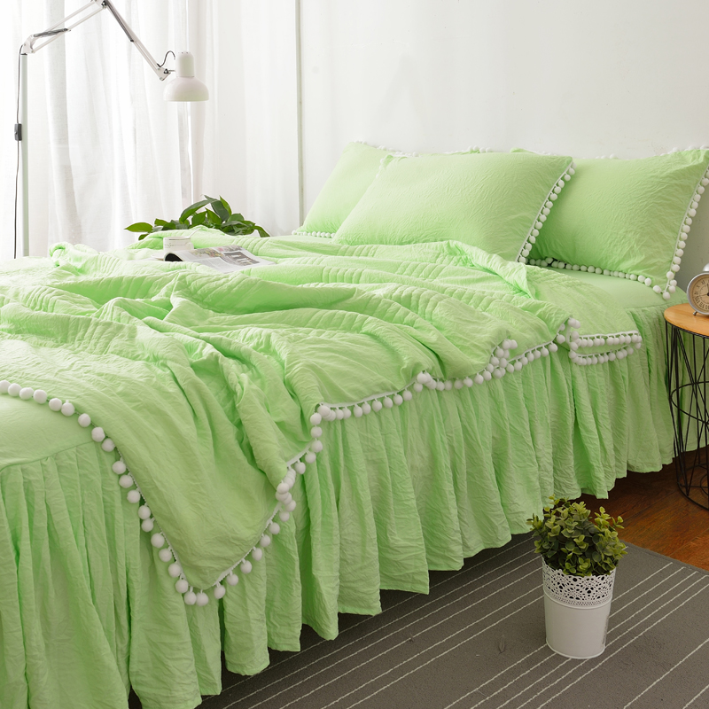 网红小清新毛球球夏被床裙式四件套公主风空调被夏凉被水洗棉薄被