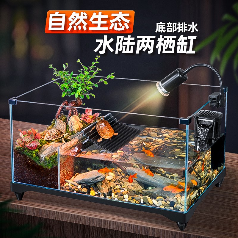 乌龟缸超白玻璃家用双区生态造景防逃黄缘龟饲养箱水陆两栖混养缸