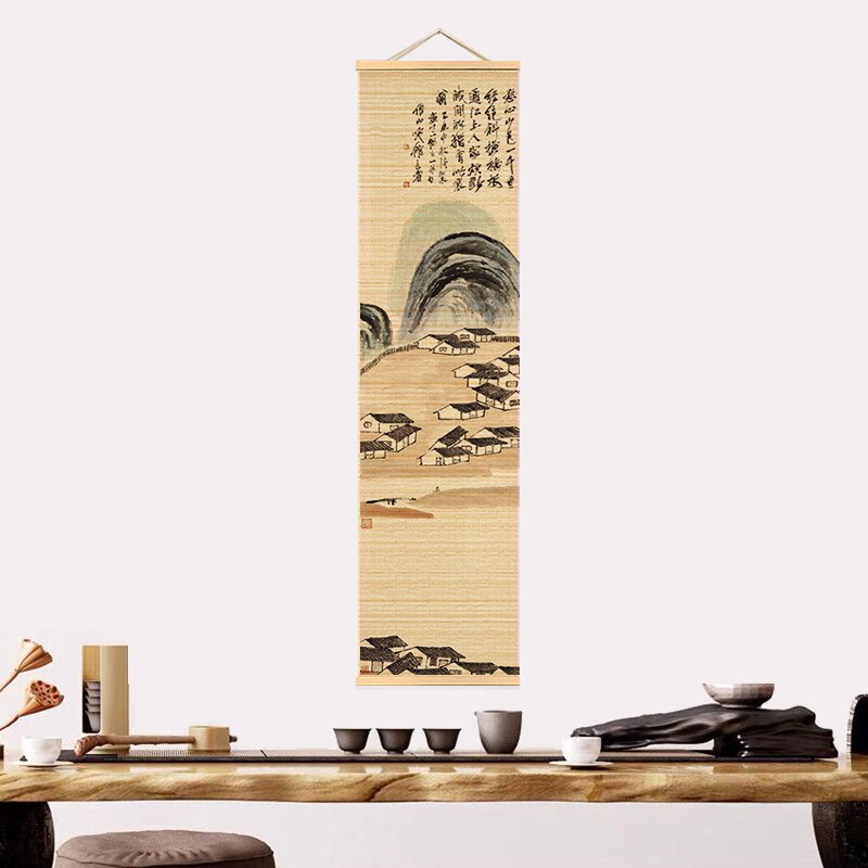 挂画竹帘茶席中式复古书法图中式挂帘书房装饰画茶室玄关山水画
