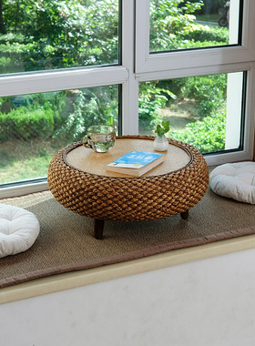 藤编飘窗小茶几家用阳台实木炕桌可储物创意圆矮桌日式榻榻米桌子