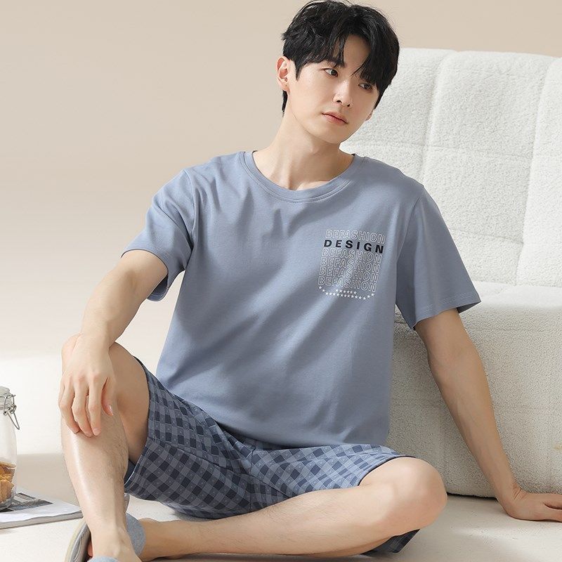 卡之恋睡衣套装男款圆领套头短袖短裤格子薄款纯棉学生青年家居服