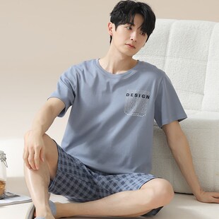 卡之恋睡衣套装男款圆领套头短袖短裤格子薄款纯棉学生青年家居服