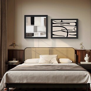 法式 饰画抽象艺术黑白线条饭厅餐桌挂画卧室双联壁画 中古风餐厅装
