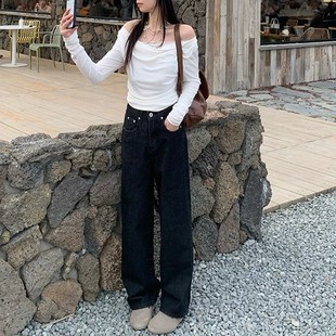 艾恩晟黑色窄版宽松阔腿牛仔裤女秋时尚洋气时髦卷边休闲裤显瘦直