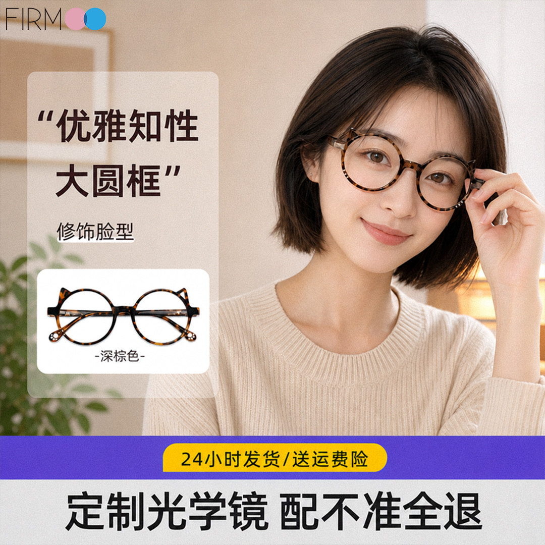 Firmoo猫耳眼镜框近视女可配度数防蓝光感光变色镜片可爱圆框眼镜