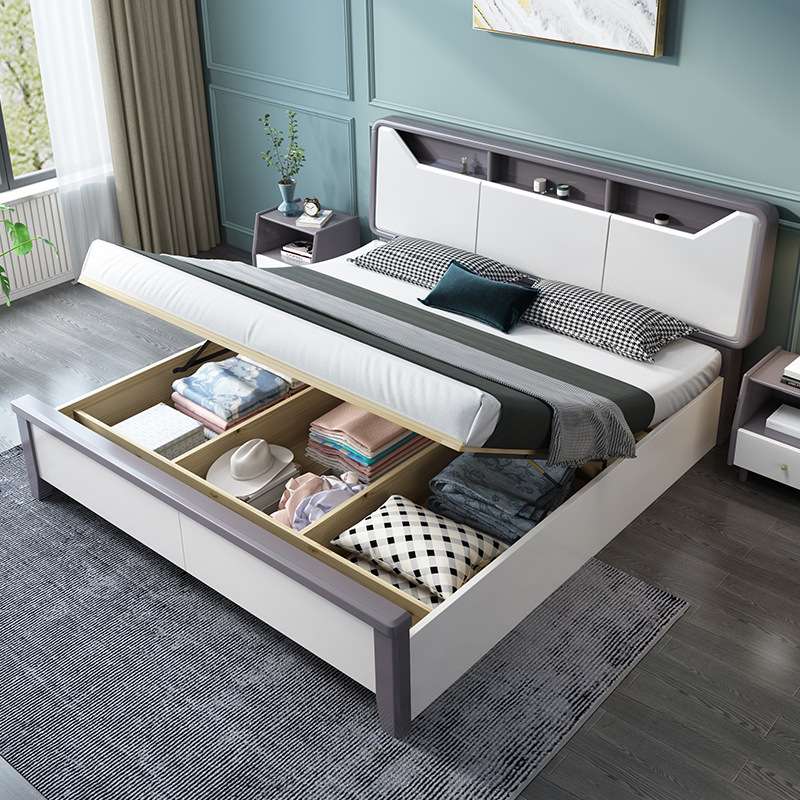 白色实木床1.8米双人床现代简约1.5m主卧家用经济型储物高箱婚床