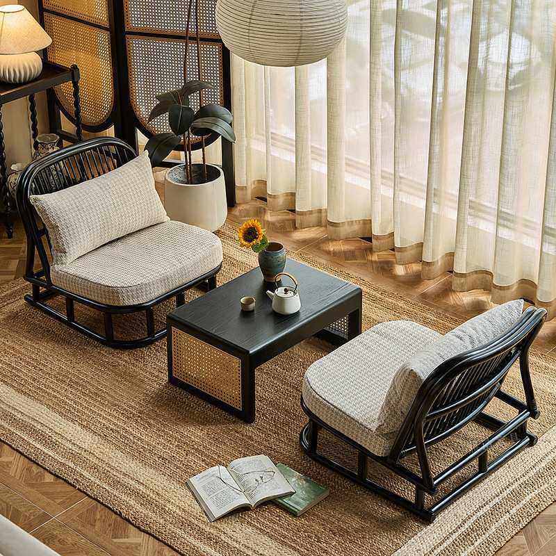 藤编榻榻米茶桌椅客厅休闲小桌椅带软包民宿酒店复古黑色矮桌椅,3C数码配件,摄像机配件,淘宝优惠券,粉丝福利购,淘宝优惠卷