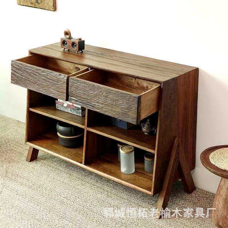 侘寂风老榆木餐边柜玄关桌钥匙收纳柜靠墙实木储物柜餐具整理柜