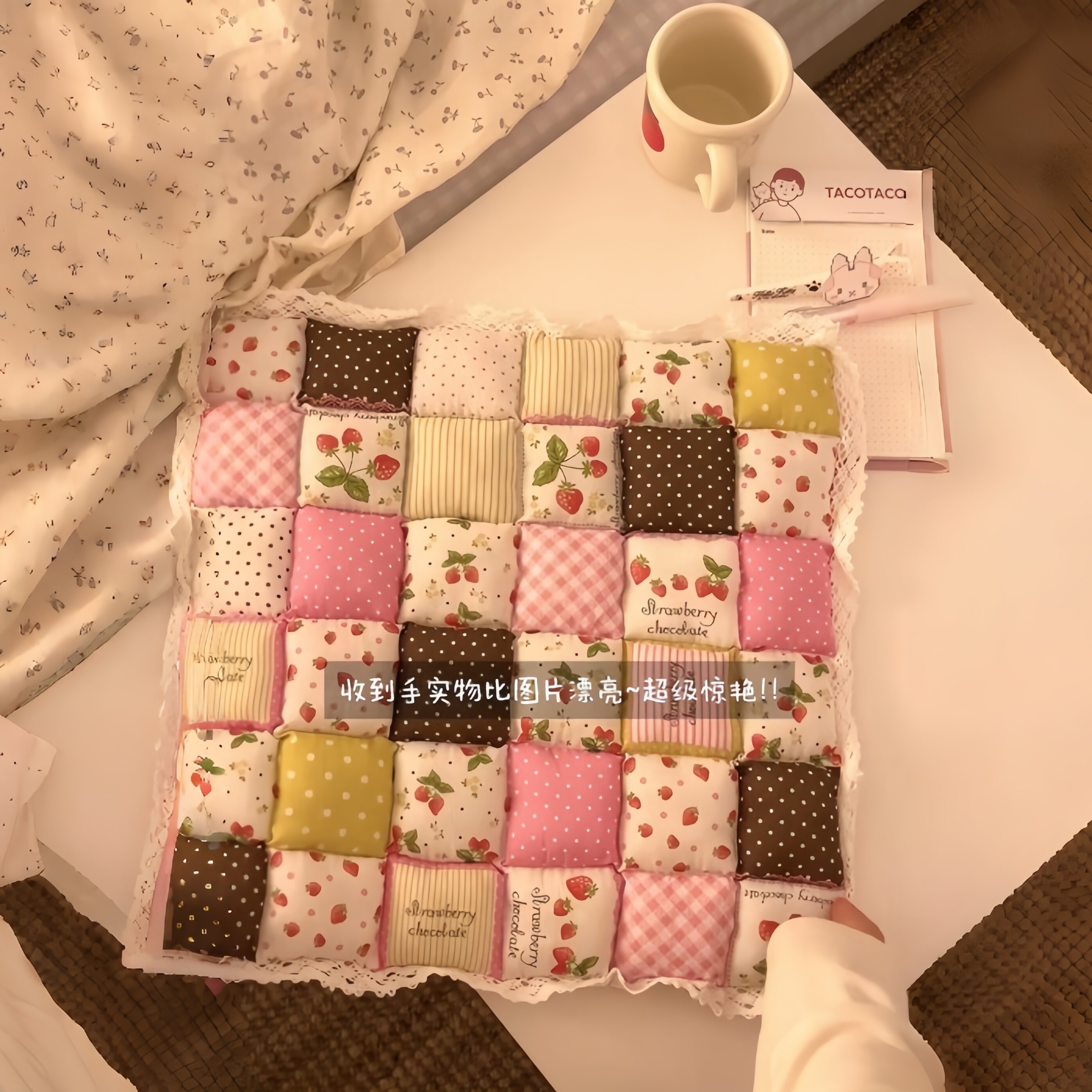 蕾丝拼布草莓格子坐垫可爱便携防滑椅垫碎花田园风布艺椅垫泡泡垫