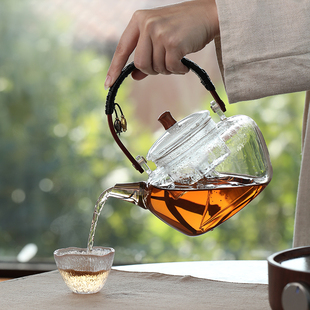 蒸汽煮茶壶耐热玻璃提梁壶大容量透明蒸茶器茶水分U离蒸气水壶套