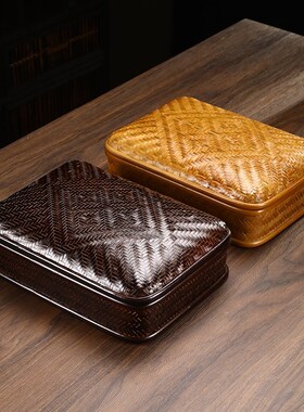 手工竹编收纳盒复古带盖子茶具收纳筐F家用整理提篮日式托盘水果