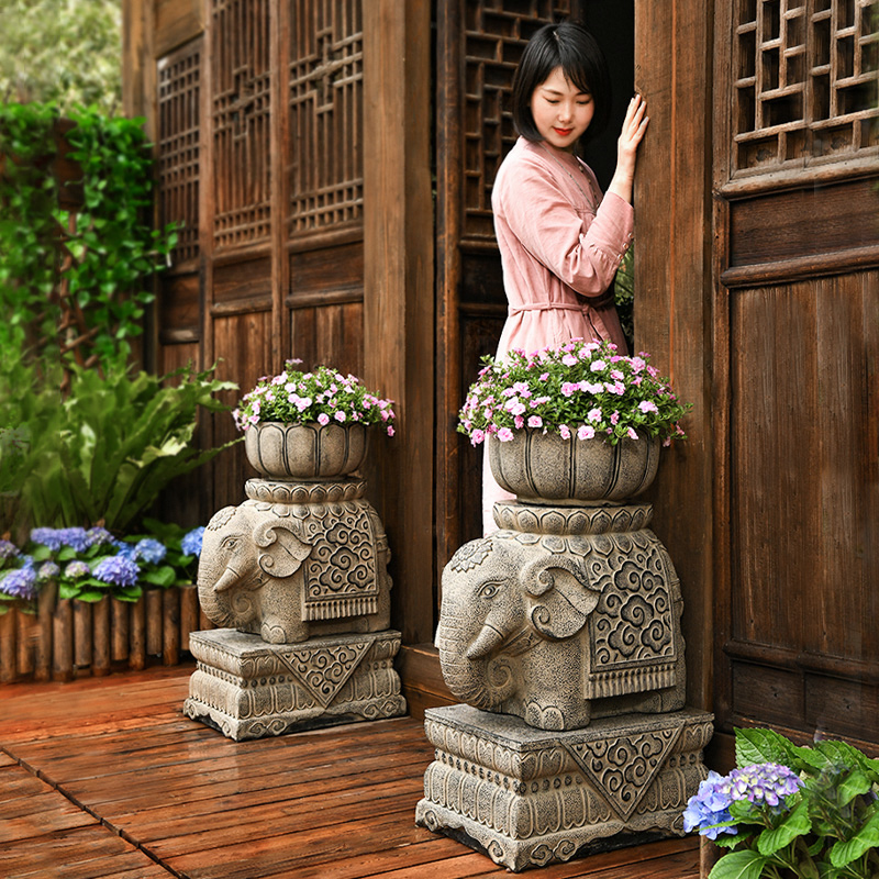 庭院户外大象门墩l摆件仿石墩花盆底座花园布置露台装饰阳台造景