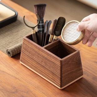 黑胡桃实木桌面化妆刷收纳盒高级感梳妆台整N理盒粉扑化妆笔收纳