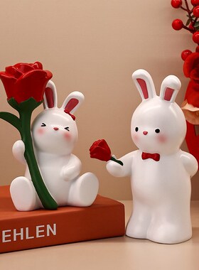 可爱玫瑰情侣兔摆件送新人朋友闺蜜新婚订婚客厅S卧室床头柜装饰