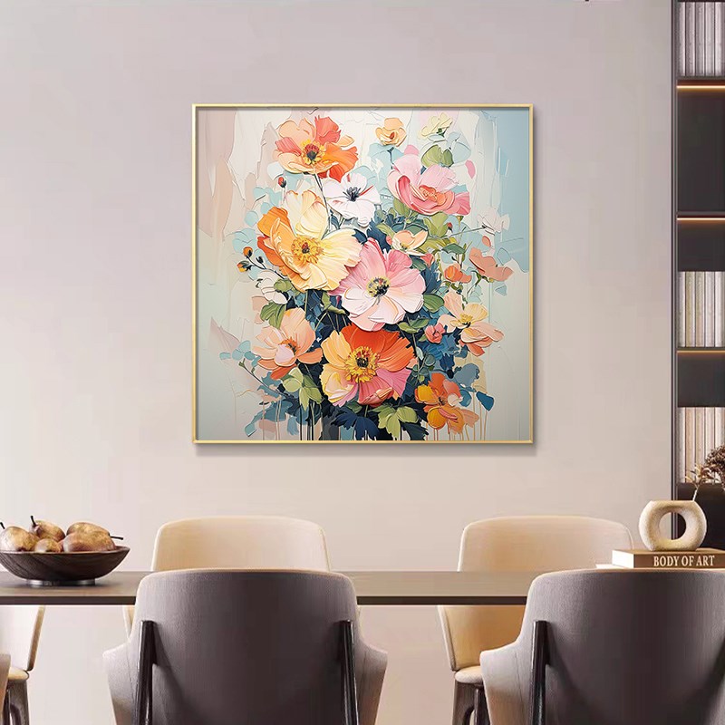 立体肌理花卉简约客厅装饰画正方B形美式餐厅挂画手绘油画饭厅挂图片