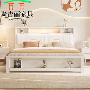 现代简约实木床带灯1.5m轻奢型奶油风高箱床1.8m主卧双人白色婚床
