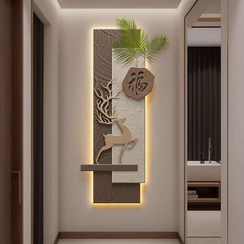 轻奢入户玄关装饰画立体福鹿轻奢墙壁现代简约走廊过道挂画图片